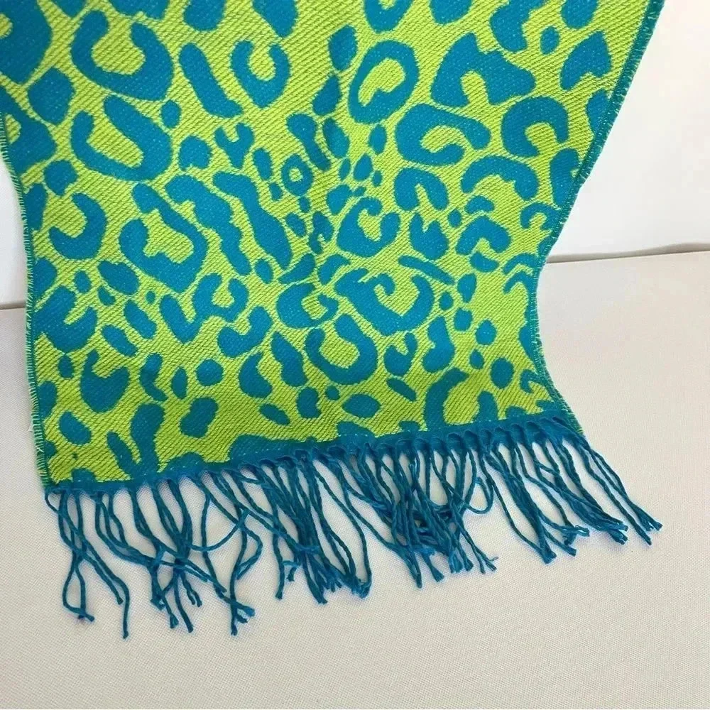 Steve Madden Reversible Leopard Print Scarf Green and Blue With Fringe